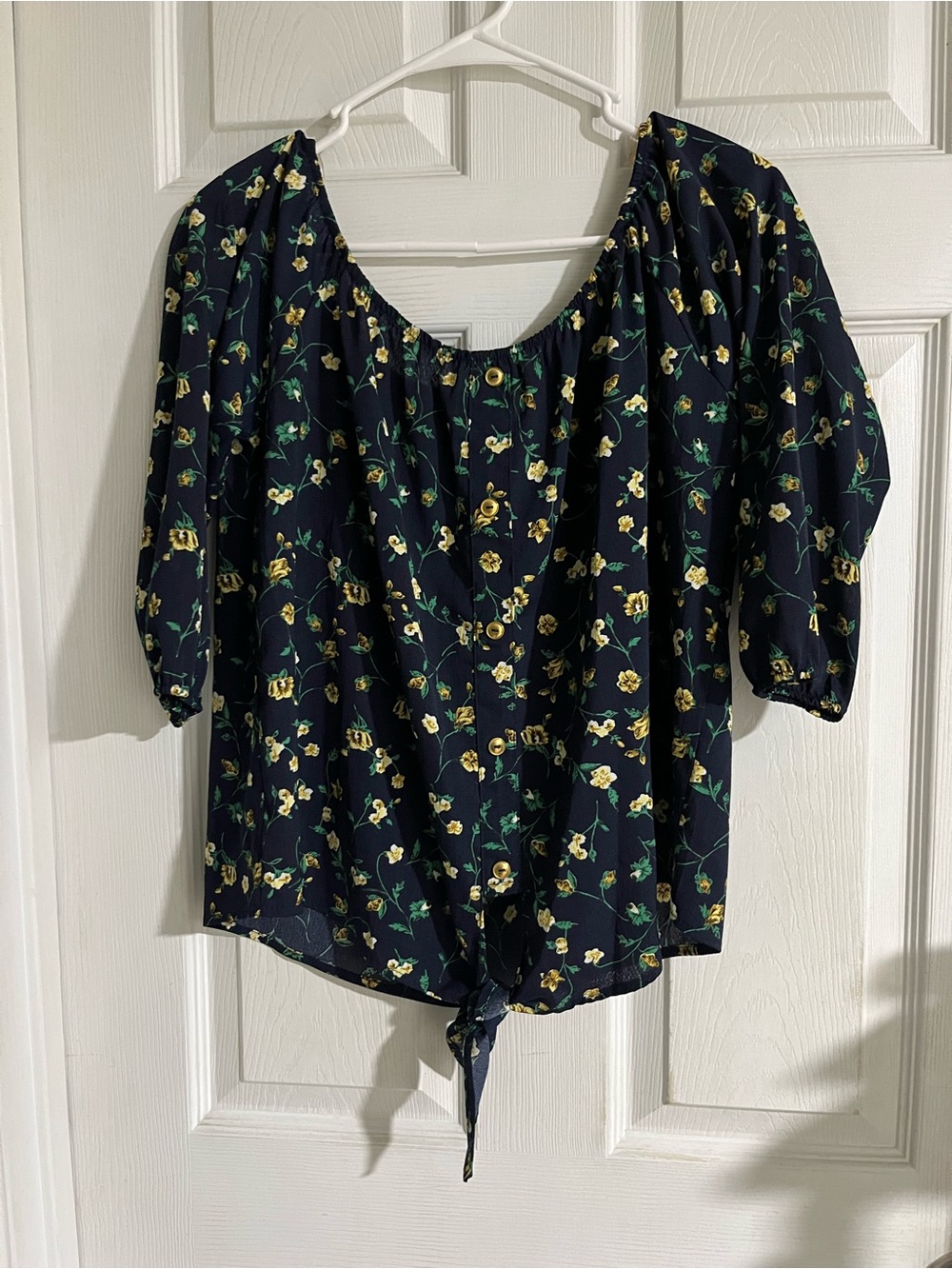 Soho Girls Navy Floral Button-Tie Peasant Blouse (Off The Shoulder)